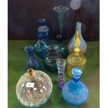 Twelve pieces of art glass, including: a cracked glazed spherical lamp base,