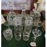 A quantity of glassware, to include: three decanters, three jars and covers and other items.