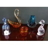 Five items of Whitefriars glass, to include: a Flint duck, a bell,