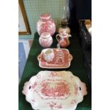 Eight items of red and white transfer printed ceramics by Masons, to include: oil lamp,