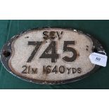 A late 20th century metalware railway bridge sign, reading 'SSV745 21 metres, 1640 yards',