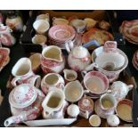 Two boxes containing a large quantity of red and white transfer printed tableware,