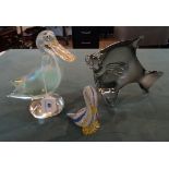 A Venetian glass duck, together with another smaller and a sculptural glass fish.
