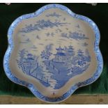 A large 19th century Royal Worcester blue and white tray, having Willow pattern decoration,