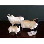 Three Beswick ovine figures, comprising a ram, sheep and lamb, each with printed mark.