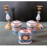 A 20th century Continental porcelain and gilt metal part-dressing table set,
