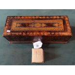 A walnut effect and brass mounted cribbage box, having three internal compartments,