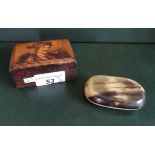 A 19th century snuff box, fashioned from horn, together with a Continental treen stamp box,