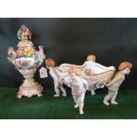 A Dresden twin handled pedestal ogee vase and cover,