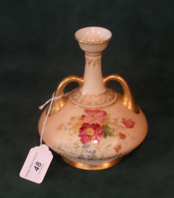 A Royal Worcester blush ivory twin handled vase of conical baluster form, - Image 3 of 5