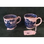 Two blue and white transfer Caughley Versions of Willow Nankeen/Pagoda pattern on Liverpool