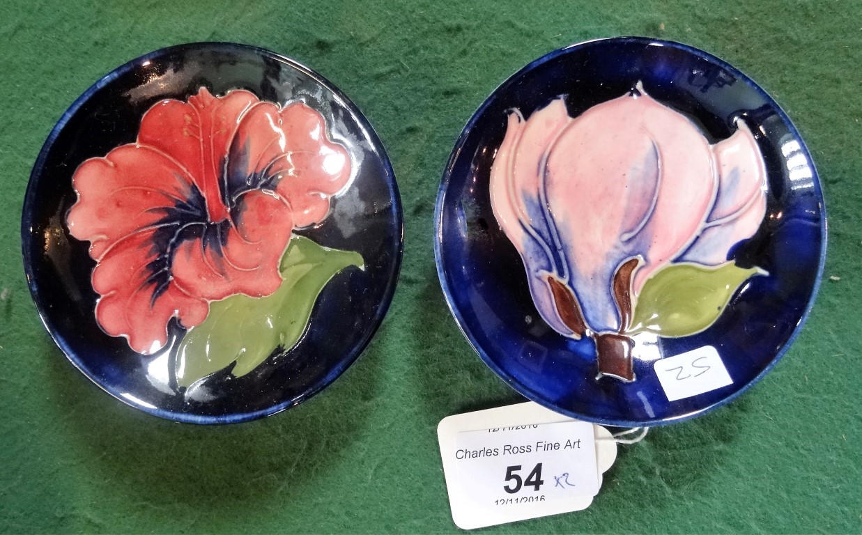 A Moorcroft Hibiscus pattern small pedestal pin dish, on a blue ground, - Image 4 of 5