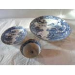 Three blue and white and gilt rimmed bowls,
