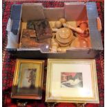 A mixed lot, to include: three auctioneer's gavels, printing blocks and two framed prints.