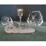 A Lenox glass model of a prowling big cat, together with two Scandinavian glass sculptures,