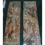 A pair of 19th century four tile panels, each depicting Medieval soldiers and animals,