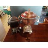 A large late Victorian copper and brass samovar on square stepped plinth,