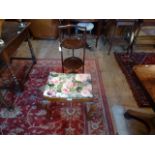 A mahogany dressing table stool on cabriole supports, together with a three tier folding cake stand.