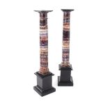 Pair Georgian Derbyshire Spar 'Blue John' columnal candlesticks circa 1800, highly variegated Blue