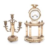 French marble mantel clock and candelabra 19th century, clock H14 1/4" W8" D4"; and candleholder H10