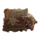 French Aubusson tapestry-fragment pillows 19th century, 11 1/2" x 19" and 17 1/2" Sq. (4pcs)