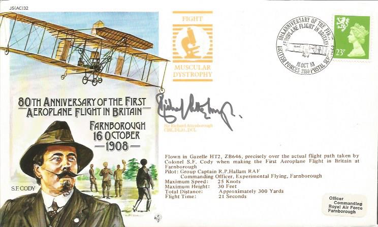 Sir Richard Attenborough signed 80th anniversary of the first aeroplane flight in Britain cover.