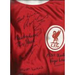 Liverpool Legends signed Red LFC shirt signed by seven including Ron Yeats, Roger Hunt, Phil