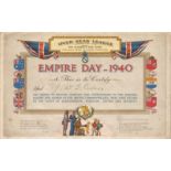 Empire Day 1940 certificate. Very unusual piece of ephemera. 20 x 13 cm approx original