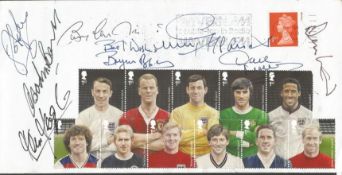 Footballers signed cover. Unusual famous footballers cover with first class stamp and postmark.
