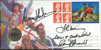 Welsh Rugby Legends signed coin cover. 1999 Wales Rugby World Cup coin cover with special ?2 coin.