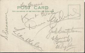 Busby Babes multisigned postcard. Signed by Tom Curry (trainer) Duncan Edwards, Shay Brennan, Jack
