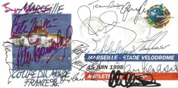 Football legends signed cover. Unusual France 98 cover for the match between England and Tunisia.