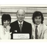 John Gielgud signature piece attached to 10x8 b/w photo pictured with Dudley Moore and Liza Minelli