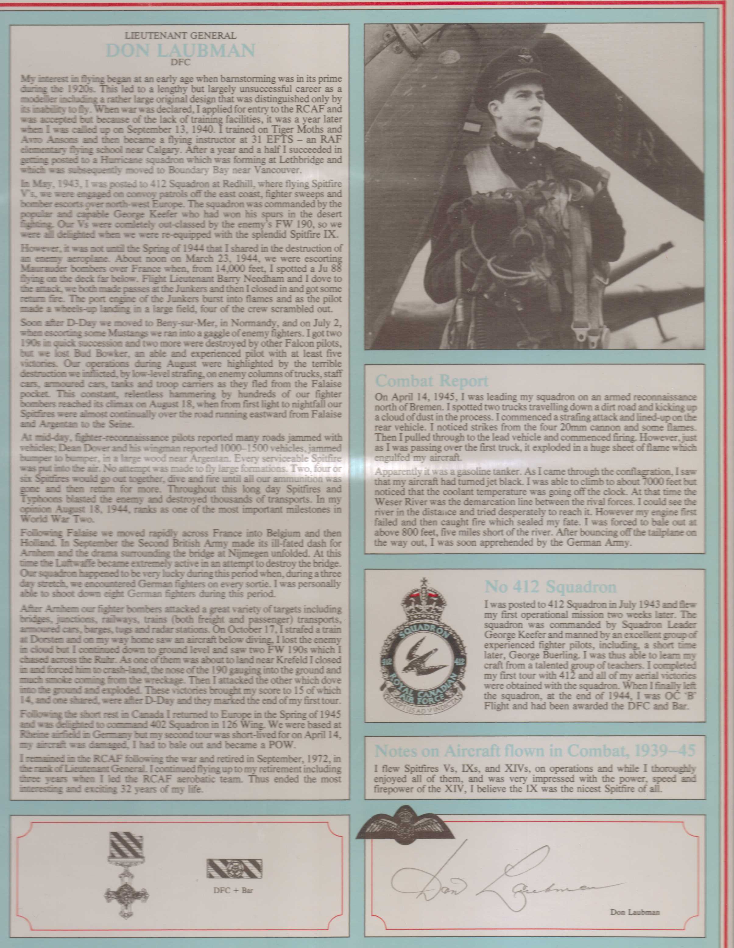 - Signature and Canadian fighter Ace profile of US-RCAF Lieutenant General Donald Laubman DFC*