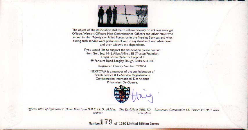 Ian Fraser, Vera Lynn and Earl Haig signed cover. 2000 National Ex-Prisoner of War first day cover - Image 2 of 2