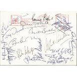 Manchester United legends signed card. Small 1972 card signed by a wealth of Manchester United