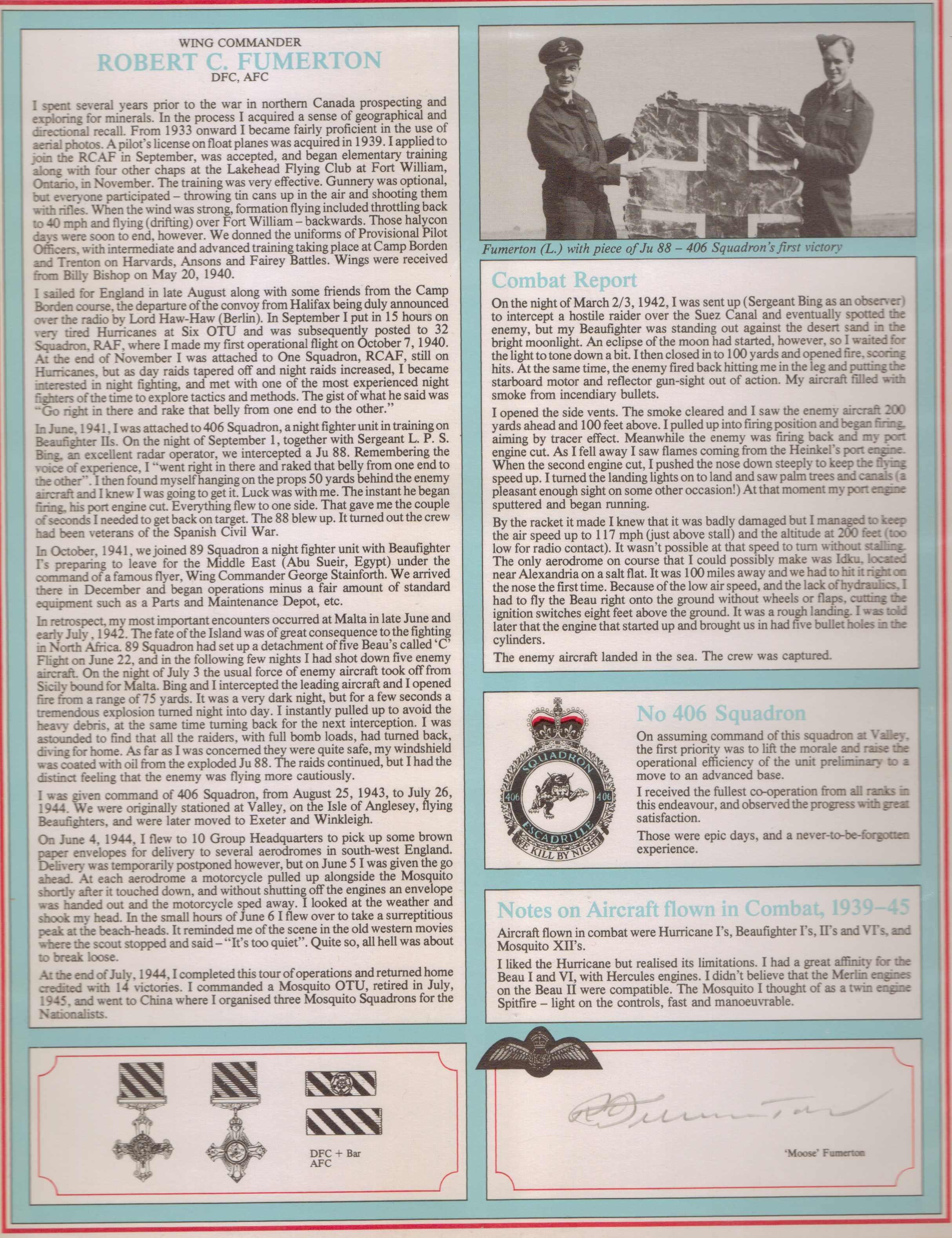 Wing Commander Robert 'Moose' Fumerton DFC* AFC Signature of Canadian Fighter Ace profile of high-