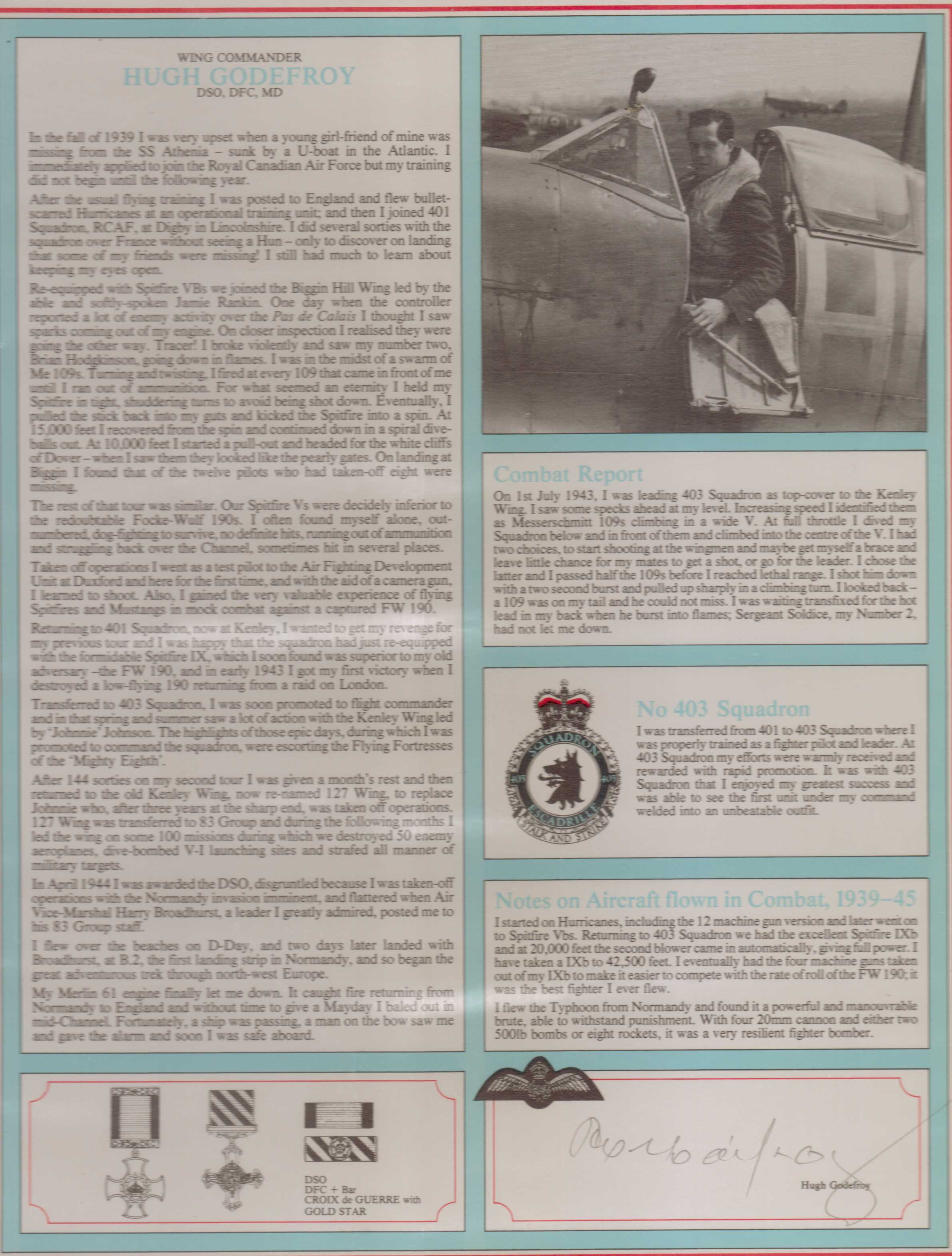 - Signature and Canadian Fighter Ace profile of Wing Commander Hugh Godefroy DSO DFC* Good