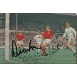 Manchester United legends signed photo. Small 6x4 colour photograph signed by Denis Law, Bill