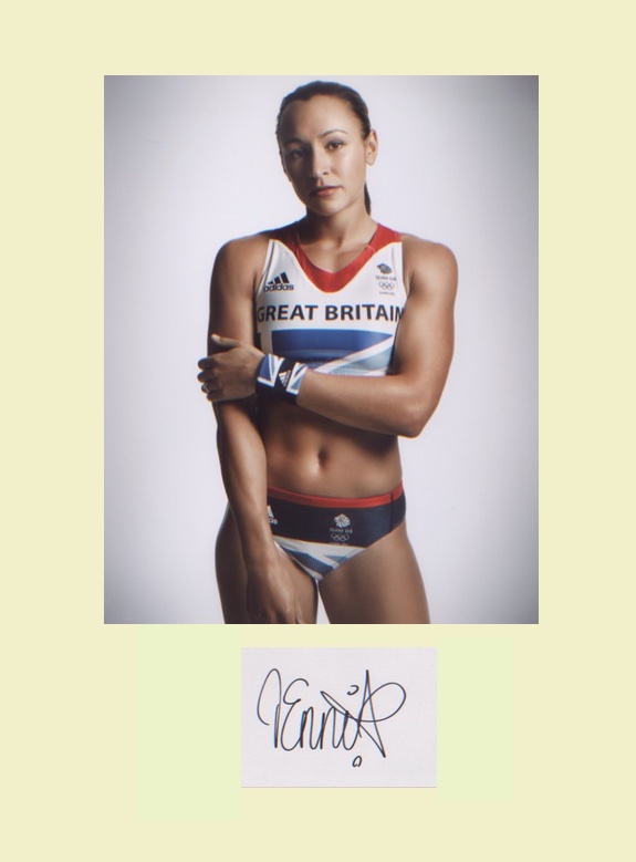 Jessica Ennis. Signature mounted with picture. Excellent. Professionally mounted in magnolia to