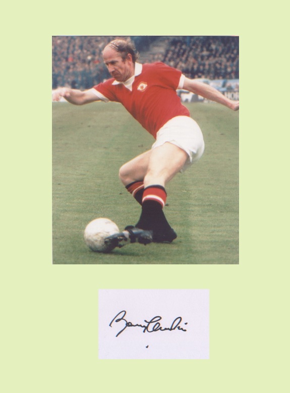 Sir Bobby Charlton. Signature mounted with 10x8 picture. Professionally mounted in magnolia to