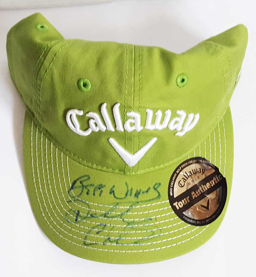 Darren Clarke signed golf cap. Official green Callaway golf cap autographed on the peak by Darren