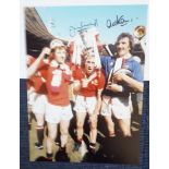 Jimmy Greenhoff and Alex Stepney autographed photo. Smashing high quality colour 16x12 inch