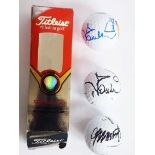 Autographed Golf Ball Collection. Boxed set of three Titleist DT solo golf balls. Two autographed by