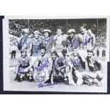 Everton players signed print. Black and white paper print measuring around 16x12 signed by many