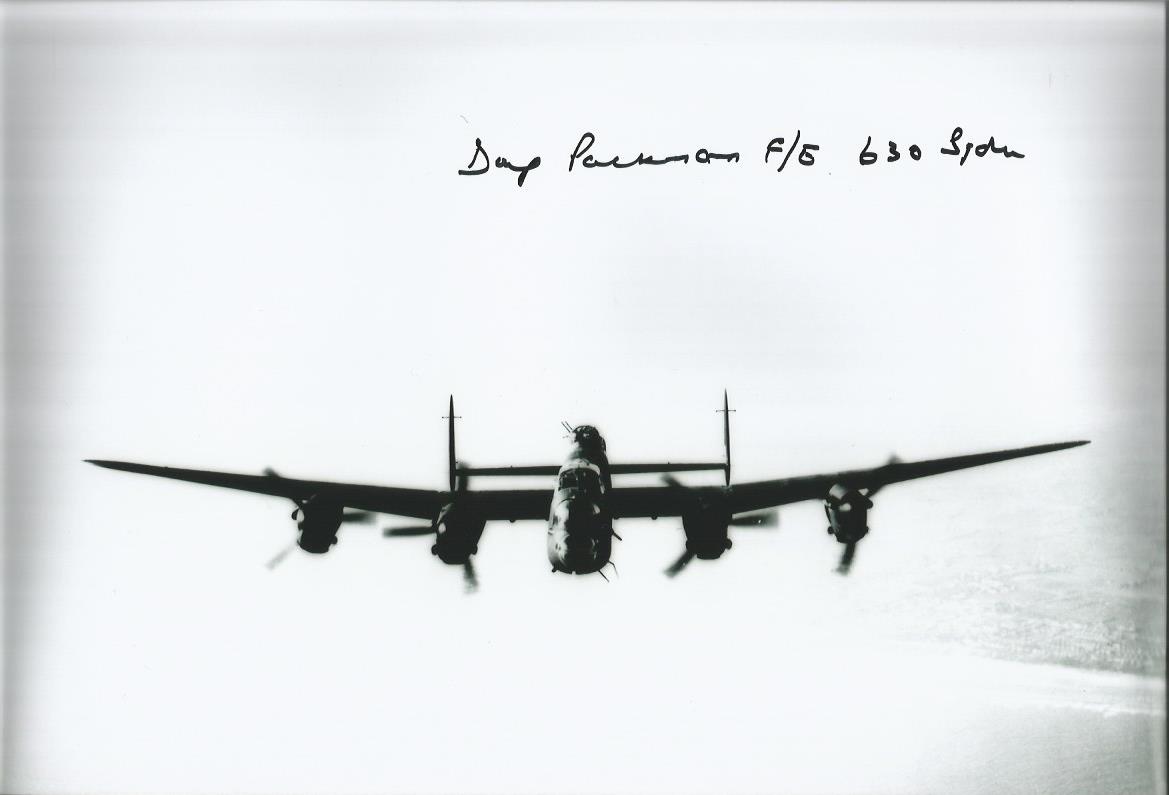 Doug Packman 630 Sqn signed 10 x 8 b/w photo of a Lancaster in Flight Good condition. All signed