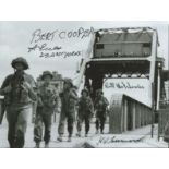 Three D-day Pegasus Bridge veterans signed 7 x 5 b/w photo Good condition. All signed items come