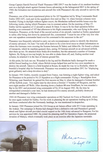 Group Captain Harold P. 'Flash' Pleasance OBE DFC Signature (and info sheet) of fighter ace Group