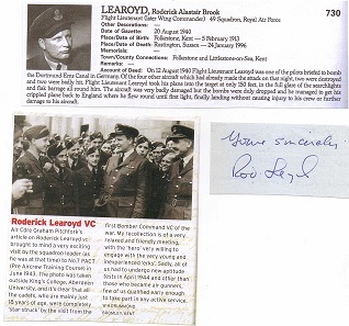 Wing Commander Roderick Learoyd VC RAF Signature of the first RAF recipient of the highest award For