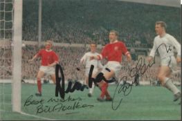 Manchester United legends signed photo. Small 6x4 colour photograph signed by Denis Law, Bill